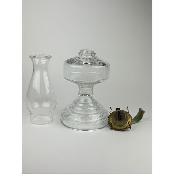 Vintage Clear Glass Hurricane Embossed Oil Lamp Hurricane Shade w/ Eagle Burner - Picture 2 of 7